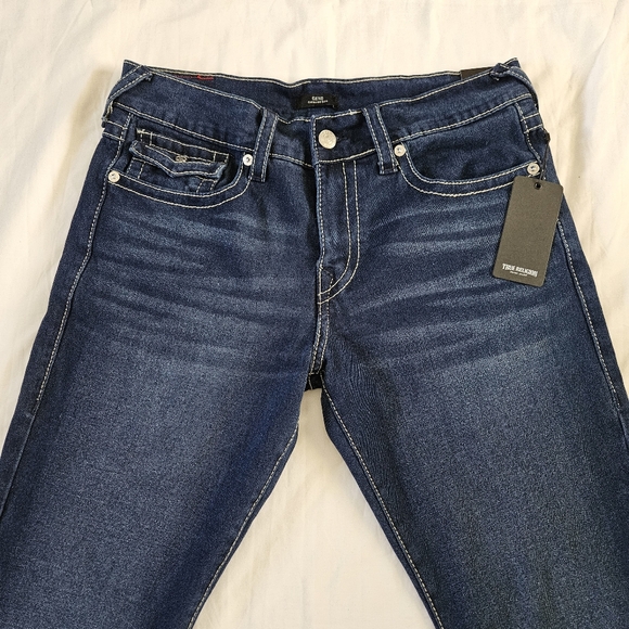 True Religion Geno Relaxed Slim Blue Jeans Big T Flap Slim Medium Lagoon Size 34 - Picture 4 of 7